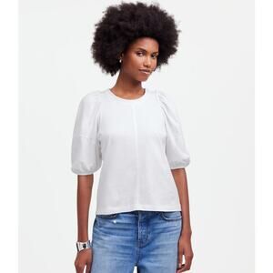 Madewell Puff-Sleeve Tee WMNS M White Crew Neck Cotton Relaxed Fit Ruffle Accent